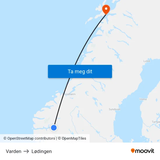 Varden to Lødingen map