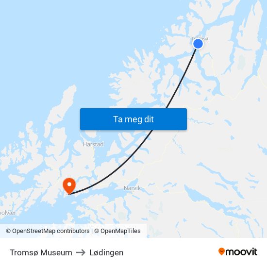 Tromsø Museum to Lødingen map