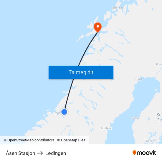 Åsen Stasjon to Lødingen map