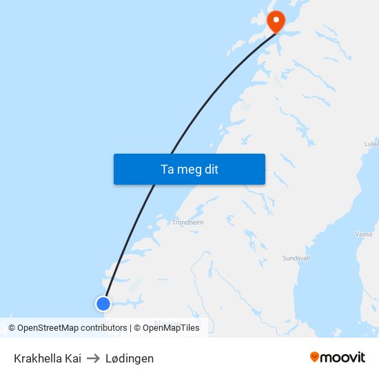 Krakhella Kai to Lødingen map