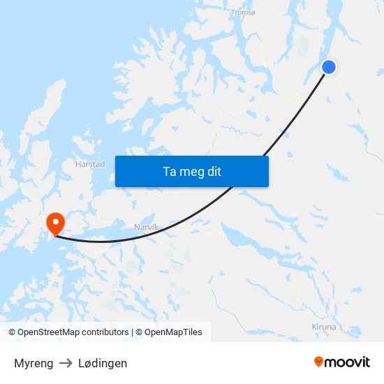 Myreng to Lødingen map