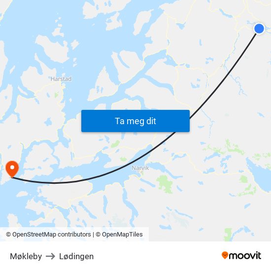 Møkleby to Lødingen map