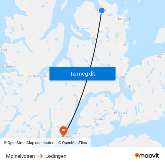 Mølnelvosen to Lødingen map