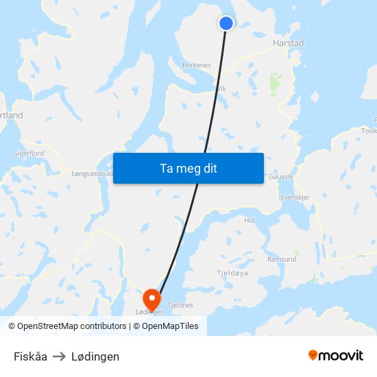 Fiskåa to Lødingen map