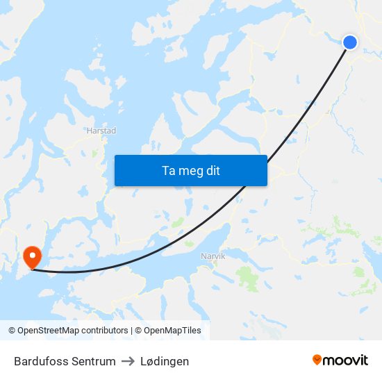 Bardufoss Sentrum to Lødingen map