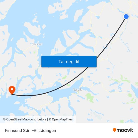 Finnsund Sør to Lødingen map