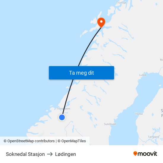 Soknedal Stasjon to Lødingen map