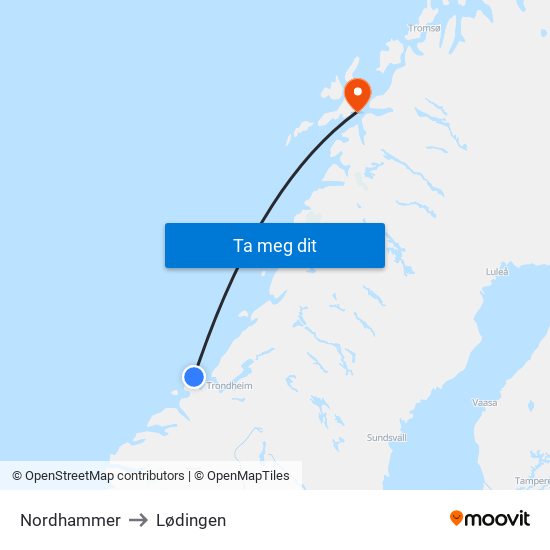 Nordhammer to Lødingen map