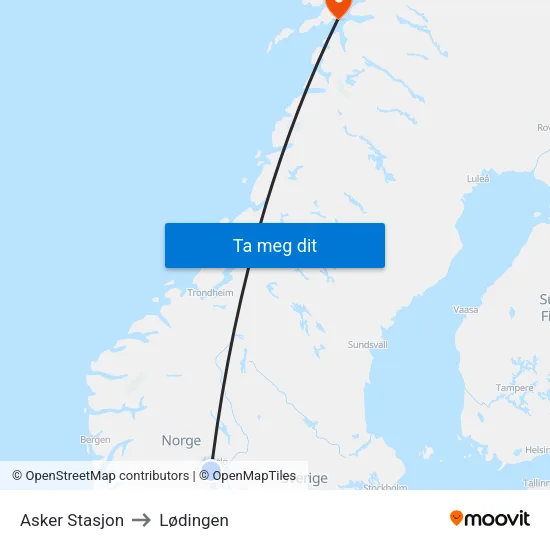 Asker Stasjon to Lødingen map