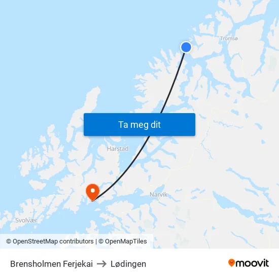 Brensholmen Ferjekai to Lødingen map