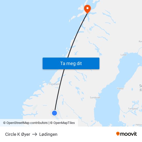 Circle K Øyer to Lødingen map