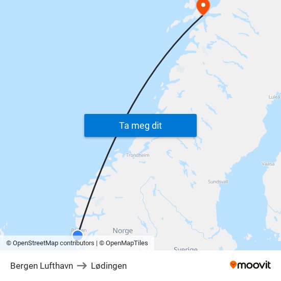 Bergen Lufthavn to Lødingen map
