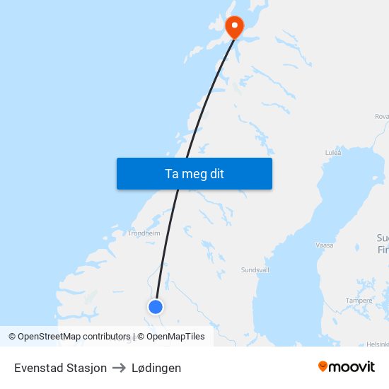 Evenstad Stasjon to Lødingen map