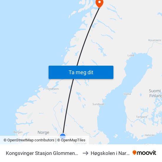 Kongsvinger Stasjon Glommengata to Høgskolen i Narvik map