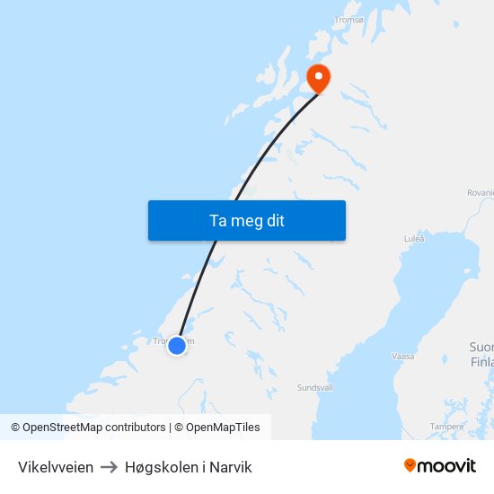 Vikelvveien to Høgskolen i Narvik map