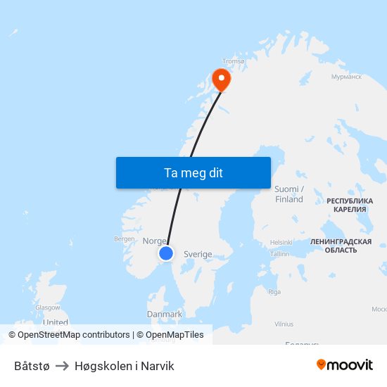 Båtstø to Høgskolen i Narvik map