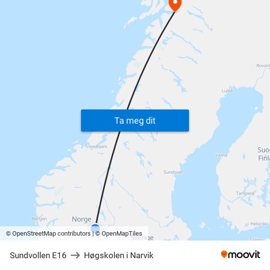 Sundvollen E16 to Høgskolen i Narvik map