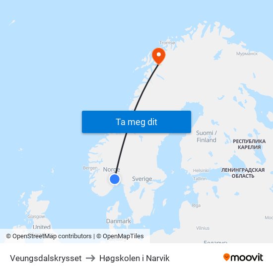 Veungsdalskrysset to Høgskolen i Narvik map