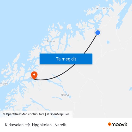 Kirkeveien to Høgskolen i Narvik map