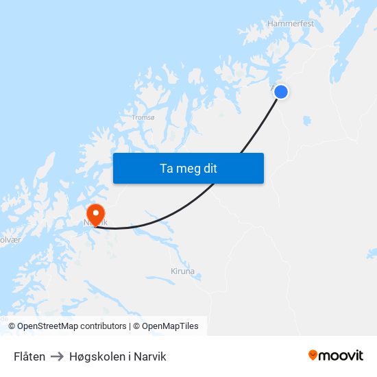 Flåten to Høgskolen i Narvik map