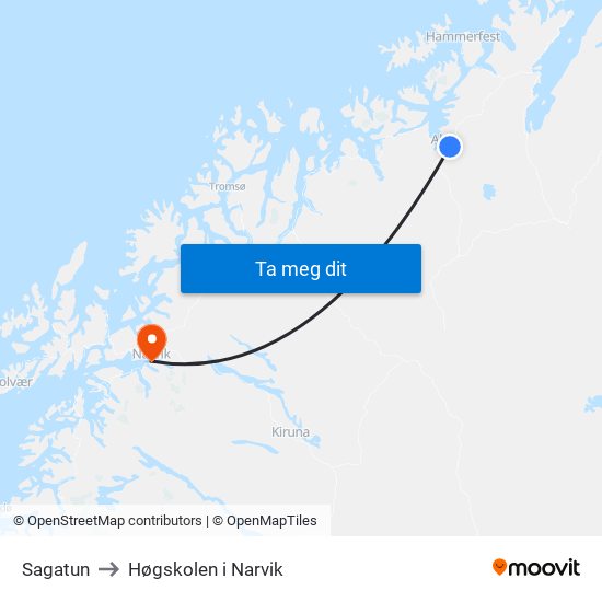 Sagatun to Høgskolen i Narvik map