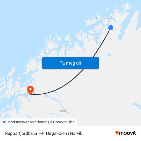 Repparfjordbrua to Høgskolen i Narvik map