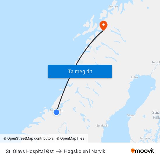 St. Olavs Hospital Øst to Høgskolen i Narvik map