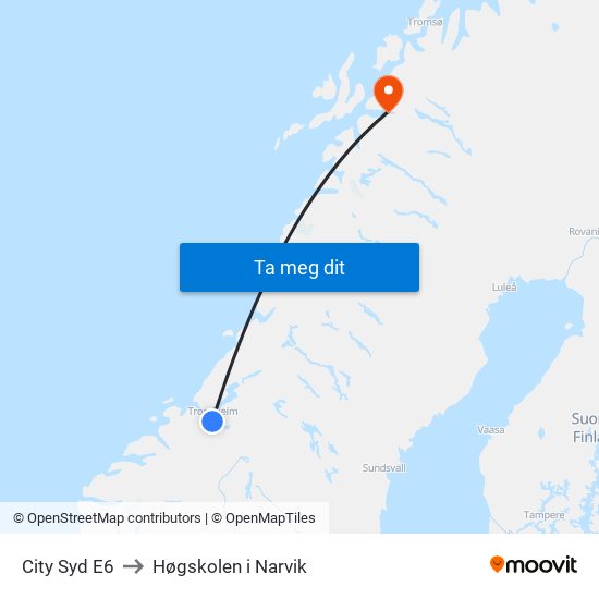 City Syd E6 to Høgskolen i Narvik map