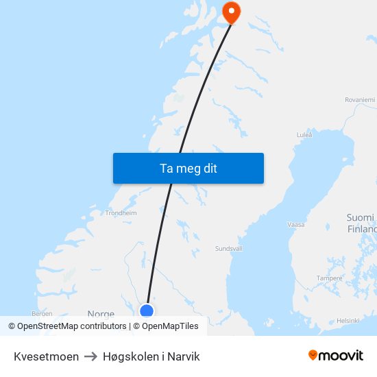 Kvesetmoen to Høgskolen i Narvik map