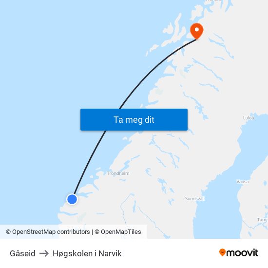 Gåseid to Høgskolen i Narvik map