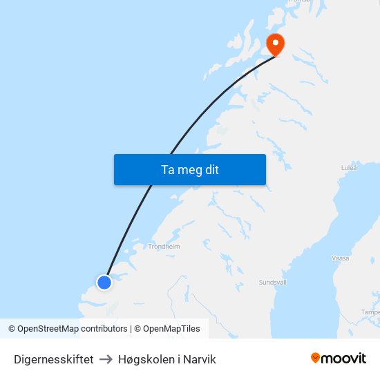 Digernesskiftet to Høgskolen i Narvik map