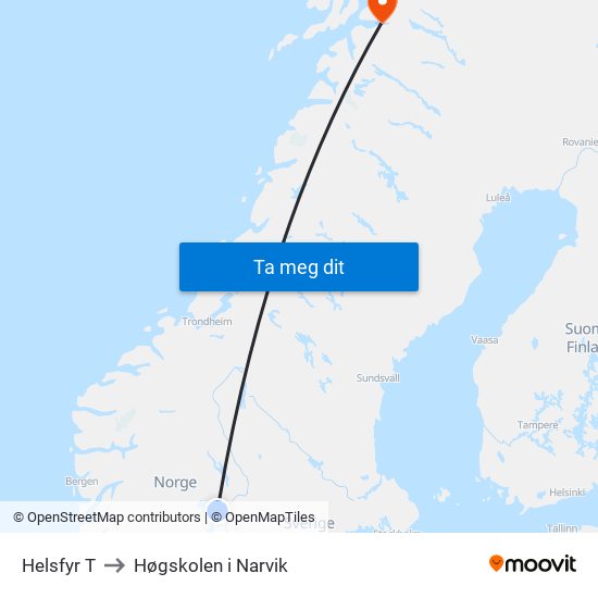 Helsfyr T to Høgskolen i Narvik map