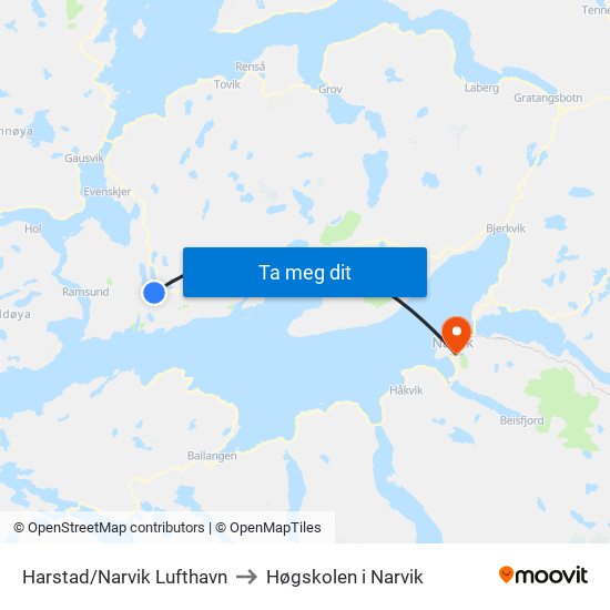 Harstad/Narvik Lufthavn to Høgskolen i Narvik map