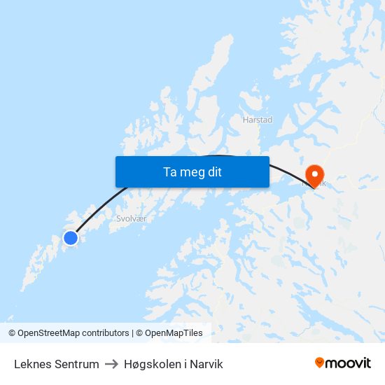 Leknes Sentrum to Høgskolen i Narvik map