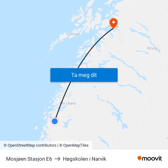Mosjøen Stasjon E6 to Høgskolen i Narvik map