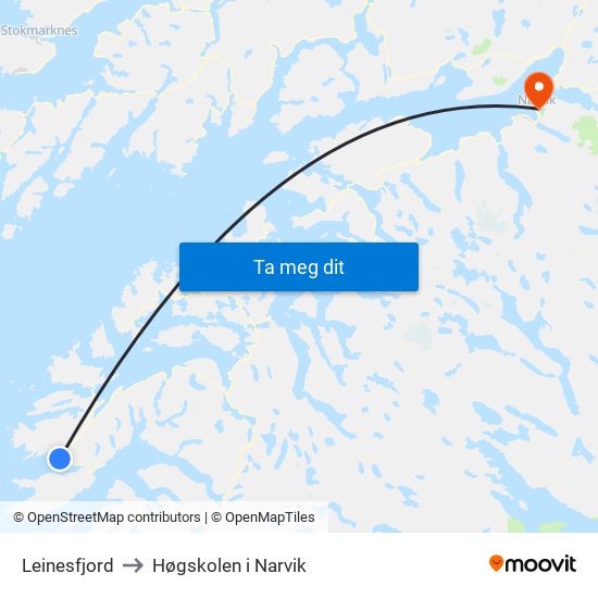 Leinesfjord to Høgskolen i Narvik map