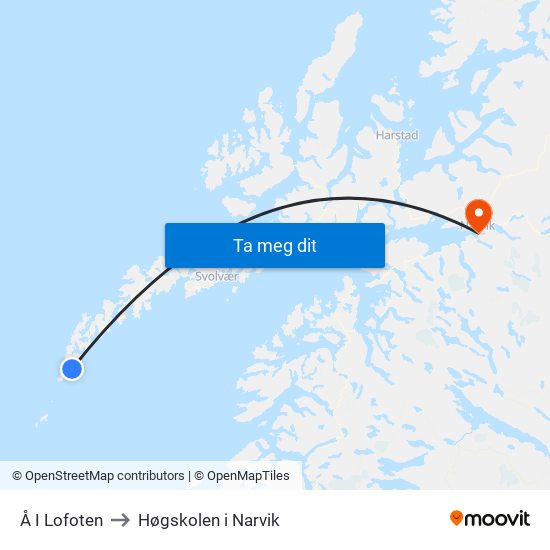 Å I Lofoten to Høgskolen i Narvik map