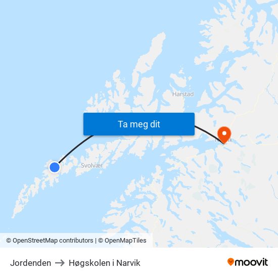 Jordenden to Høgskolen i Narvik map