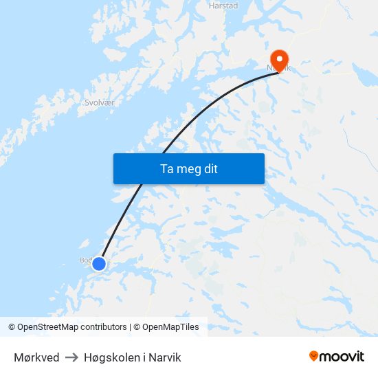 Mørkved to Høgskolen i Narvik map