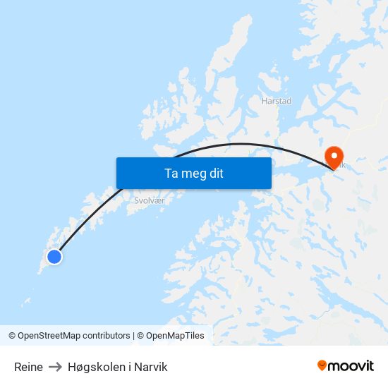 Reine to Høgskolen i Narvik map