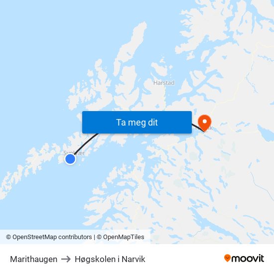 Marithaugen to Høgskolen i Narvik map