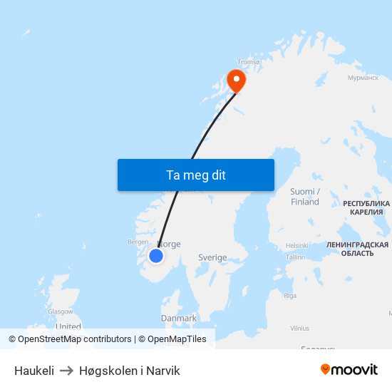 Haukeli to Høgskolen i Narvik map