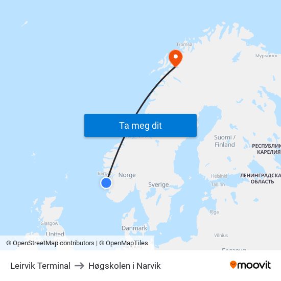 Leirvik Terminal to Høgskolen i Narvik map