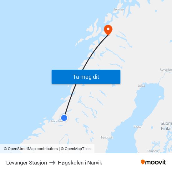 Levanger Stasjon to Høgskolen i Narvik map