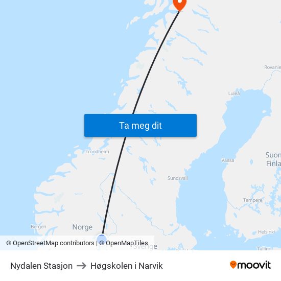 Nydalen Stasjon to Høgskolen i Narvik map