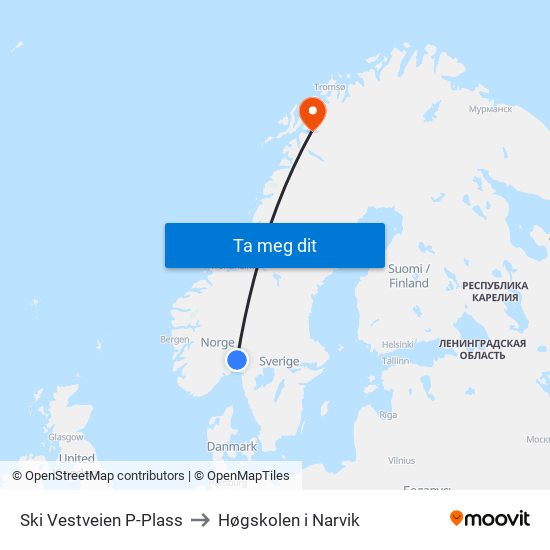 Ski Vestveien P-Plass to Høgskolen i Narvik map