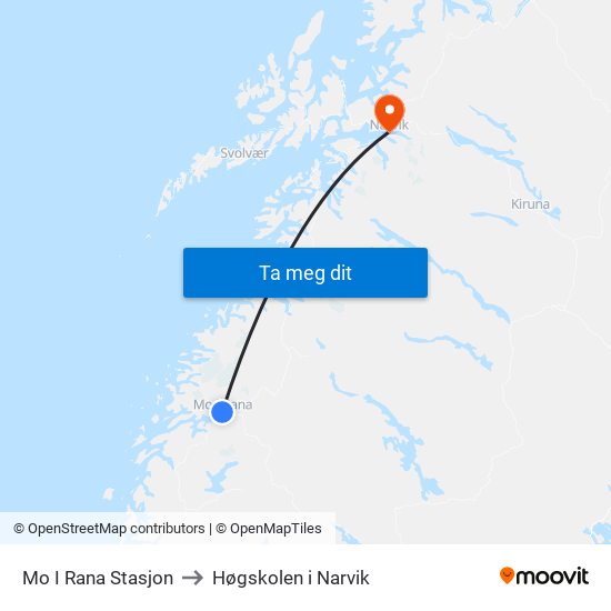 Mo I Rana Stasjon to Høgskolen i Narvik map