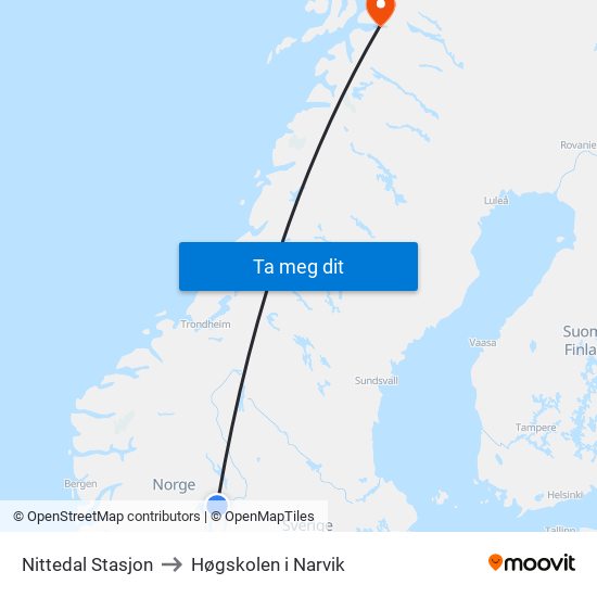 Nittedal Stasjon to Høgskolen i Narvik map