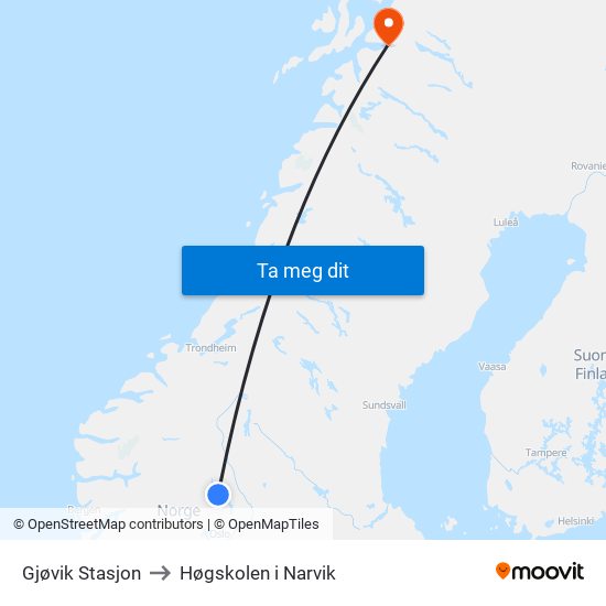 Gjøvik Stasjon to Høgskolen i Narvik map