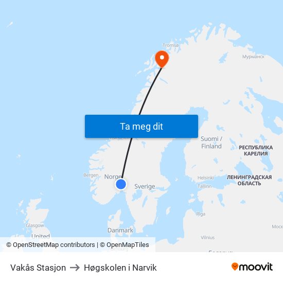 Vakås Stasjon to Høgskolen i Narvik map
